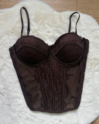 Corpetto bustier con ricami floreali nero e cioccolato