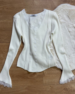 Maglia Paris a costine con inserti in pizzo gialla e bianca