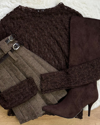 Maglia girocollo in pizzo cioccolato