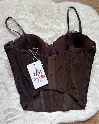 Corpetto bustier con ricami floreali nero e cioccolato