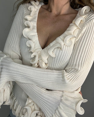 Cardigan paris a costine con ruches avorio