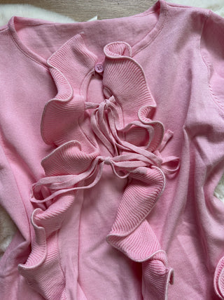 Cardigan paris rosa con rouches e laccetti frontali