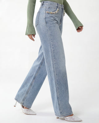 Jeans wide leg con applicazioni gioiello