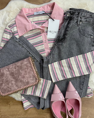 Maglia cotone a righe rosa