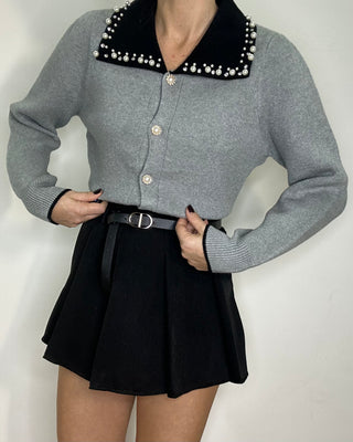 Cardigan con colletto gioiello - grigio - nero - avorio
