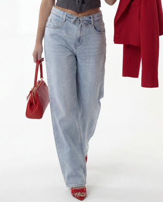 Jeans baggy lavaggio chiaro con risvolto in vita