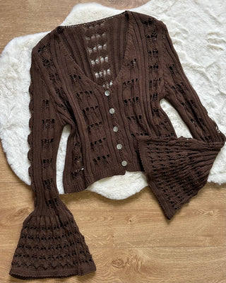 Cardigan Crochet Marbella 50% cotone cioccolato e beige chiaro