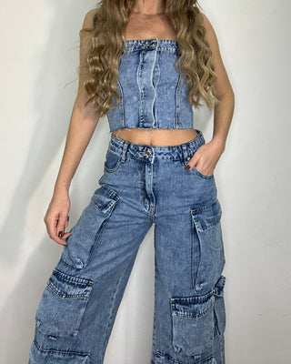 Coordinato denim - cargo + top 90% cotone