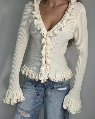 Cardigan paris a costine con ruches avorio