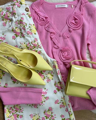 Cardigan rosa paris con applicazioni floreali