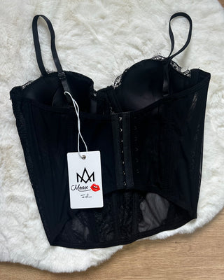 Corpetto bustier con ricami floreali nero e cioccolato