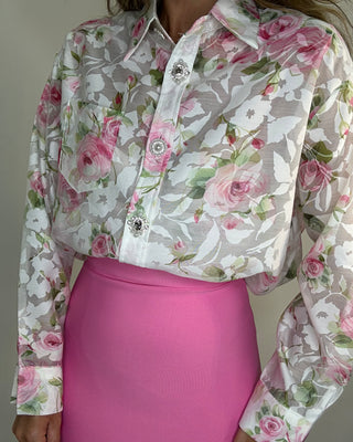 Camicia Paris floreale rosa con bottoni gioiello