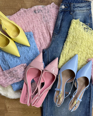 Décolleté slingback rosa vernice con tacco midi