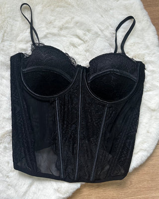 Corpetto bustier con ricami floreali nero e cioccolato