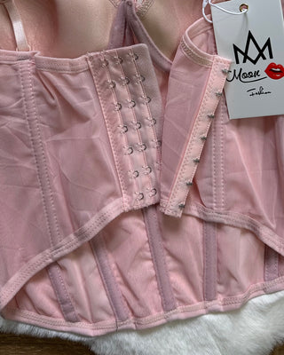 Corpetto bustier con ricami floreali rosa e azzurro