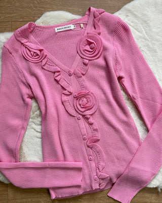 Cardigan rosa paris con applicazioni floreali