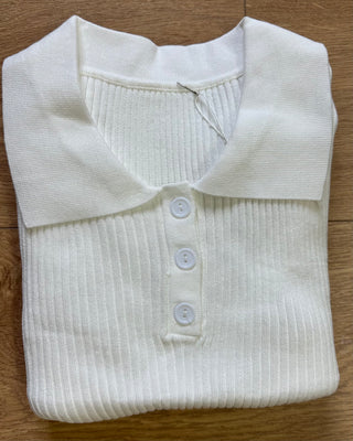 Maglia a costine con colletto polo e maniche a campana 4 colori