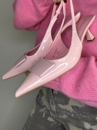 Décolleté slingback rosa vernice con tacco midi