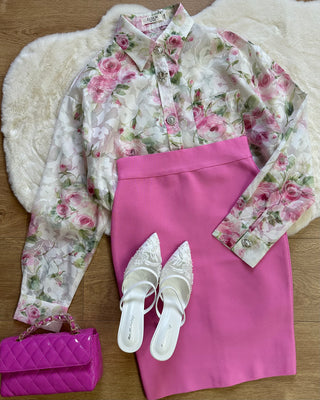 Camicia Paris floreale rosa con bottoni gioiello