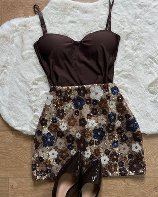 Gonna Monique paillettes floreale con culotte interna