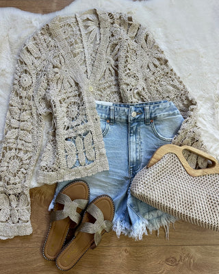 Cardigan macramè beige 100% cotone