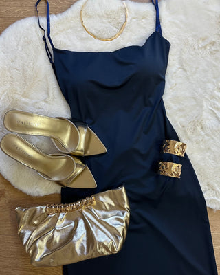 Abito longuette blu navy con spacco laterale