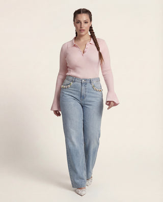 Jeans wide leg con applicazioni gioiello
