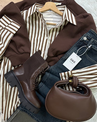 Camicia 100% cotone oversize beige & coffee