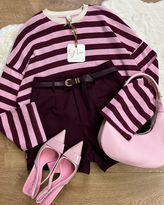 Maglia oversize girocollo Paris Burgundy e Pink