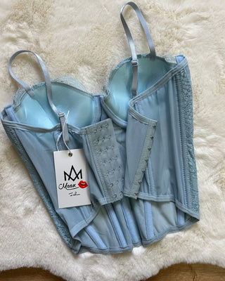 Corpetto bustier con ricami floreali rosa e azzurro