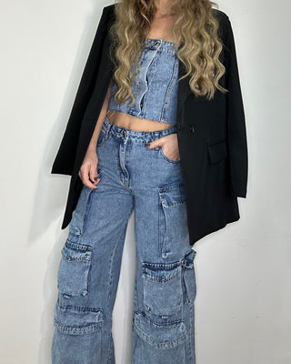 Coordinato denim - cargo + top 90% cotone