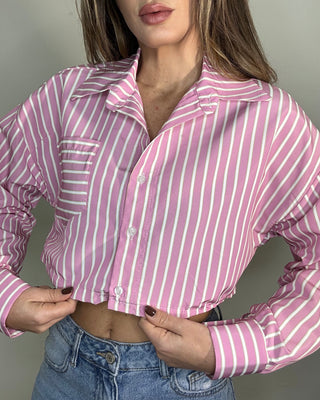 Camicia cropped a righe 60% cotone rosa