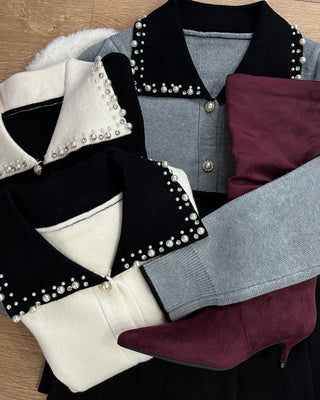 Cardigan con colletto gioiello - grigio - nero - avorio