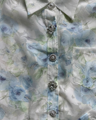 Camicia Paris floreale rosa con bottoni gioiello azzurra