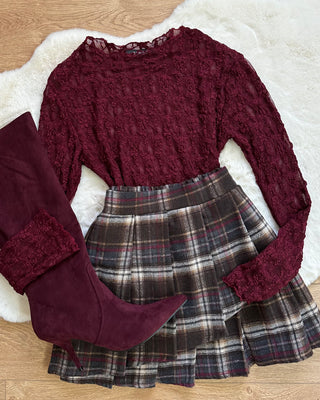 Maglia girocollo in pizzo bordeaux