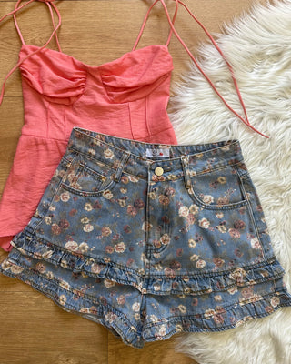 Short in Denim floreale con Volant