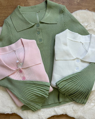 Maglia a costine con colletto polo e maniche a campana 4 colori