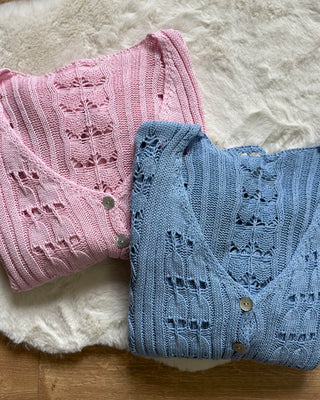 Cardigan Crochet Marbella 50% cotone rosa e azzurro