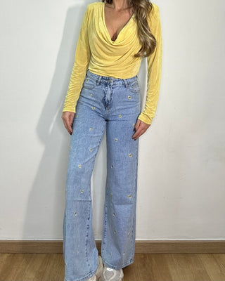 Jeans Wide Leg con margherite