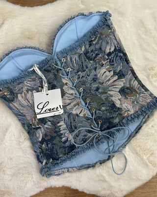 Corpetto bustier floreale azzurro con coulisse regolabile