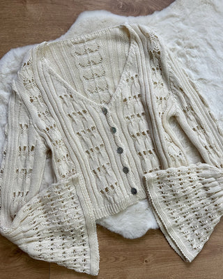 Cardigan Crochet Marbella 50% cotone cioccolato e beige chiaro