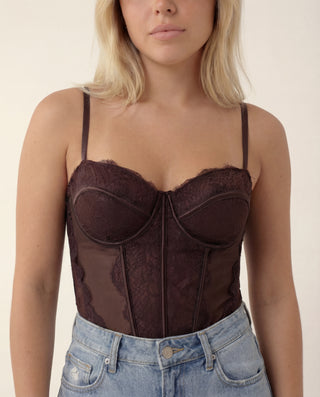Corpetto bustier con ricami floreali cioccolato