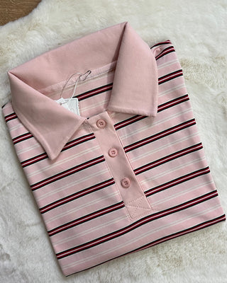 Polo crop a righe multicolori rosa e azzurro 65% cotone