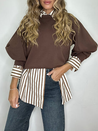Camicia 100% cotone oversize beige & coffee
