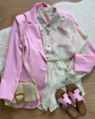 Coordinato Monique con fiorellini rosa ricamati