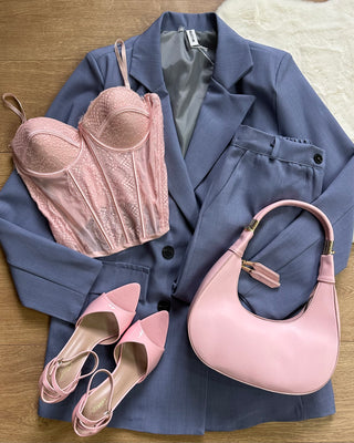 Corpetto bustier con ricami floreali rosa e azzurro