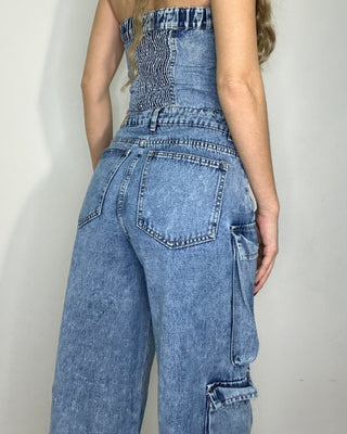 Coordinato denim - cargo + top 90% cotone