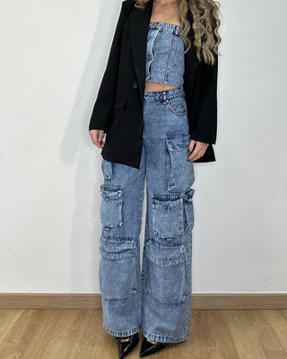 Coordinato denim - cargo + top 90% cotone