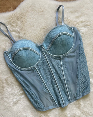 Corpetto bustier con ricami floreali rosa e azzurro