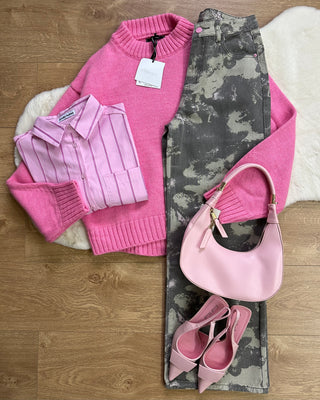 Jeans Wide Leg camouflage con dettagli rosa